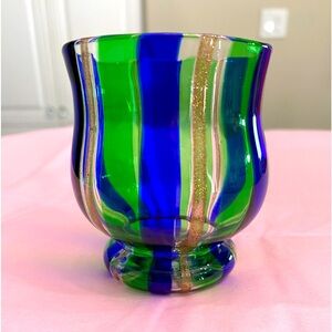 EUC VTG Hand Blown Striped Glass Votive Holder with Blue, Green and Gold Stripes
